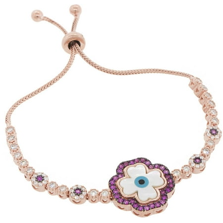Pori Jewelers Ruby CZ 18kt Rose Gold-Plated Sterling Silver Clover and Evil Eye Friendship Bolo Adjustable Bracelet