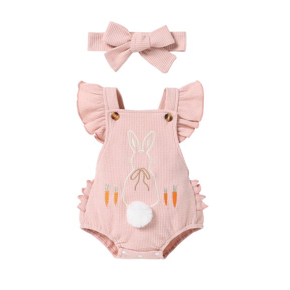 0-18 Months Girls 2-Piece Rabbit Easter Cute Romper And Headband Pink Purple