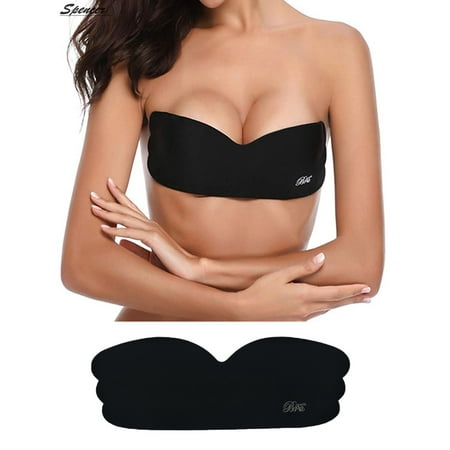 Spencer Women s Deep V Strapless Invisible Bras Backless Self Adhesive Push Up Magic Sticky Plunge Bra Breathable  Black Cup A/B