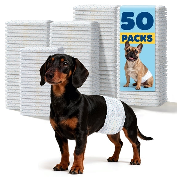 Powools Male Dog Wraps - Disposable Dog Diapers with Multi-Layer Absorption, Puppy Diapers with Wetness Indicator, Breathable & Leakproof, 50 Count, S