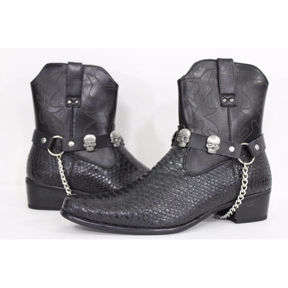 Black Unisex Chains Boots Pair Leather Straps Silver Metal Skulls