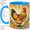 Blue, variant on Colorful Rooster Sunburst Coffee Mug, Rooster Mug, Morning Tea Cup for Home, Farm Bird with Yellow Feathers and Green Tail, Retro Floral Border, Country Kitchen Accent, Poultry Lover