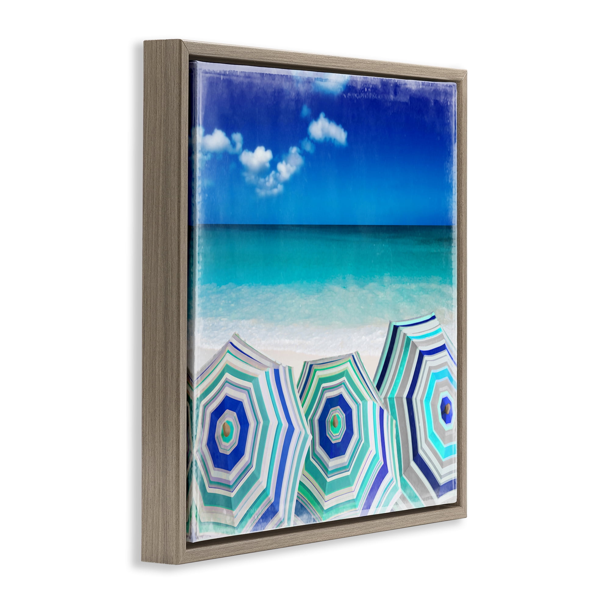 Stupell Industries Three Beach Umbrellas View Nautical & Beach Painting Brown Floater Framed Canvas Art Print Wall Art, 18 x 18
