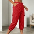 thumbnail image 2 of Hurxie Cargo Capri Pants for Women High Waisted Elastic Knit Waist Casual Capris Trousers Cropped Pants Red,S, 2 of 8