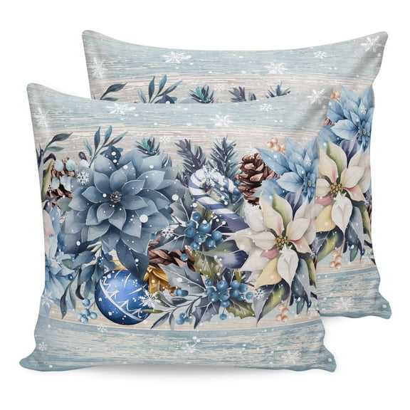 Pillow Covers 24x24 Set of 2, Blue Poinsettia Christmas Throw Pillow Covers Decorative Couch Cushion Cover, Xmas Botanical Balls Snowflake Vintage Microfiber Soft Pillowcases for Bedroom Living Room