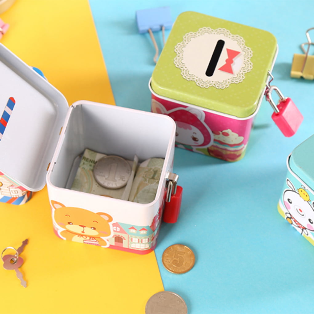 Cute Square Tin Metal Piggy Bank Saving Cash Coin Money Box Children Kids Gifts 