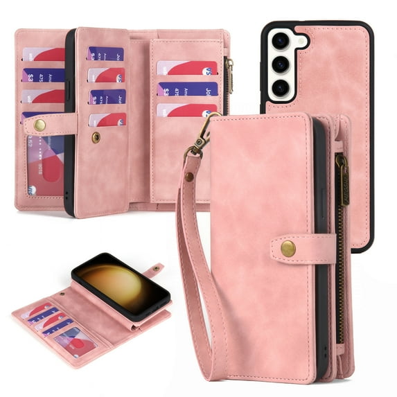 ELEHOLD Multi-Functional Wallet Case for Samsung Galaxy S23,with Large Capacity 11 Card Slots Zipper Bag Magnetic Detachable Phone Case Wriststrap Shockproof Luxury Case 6.1" - Pink