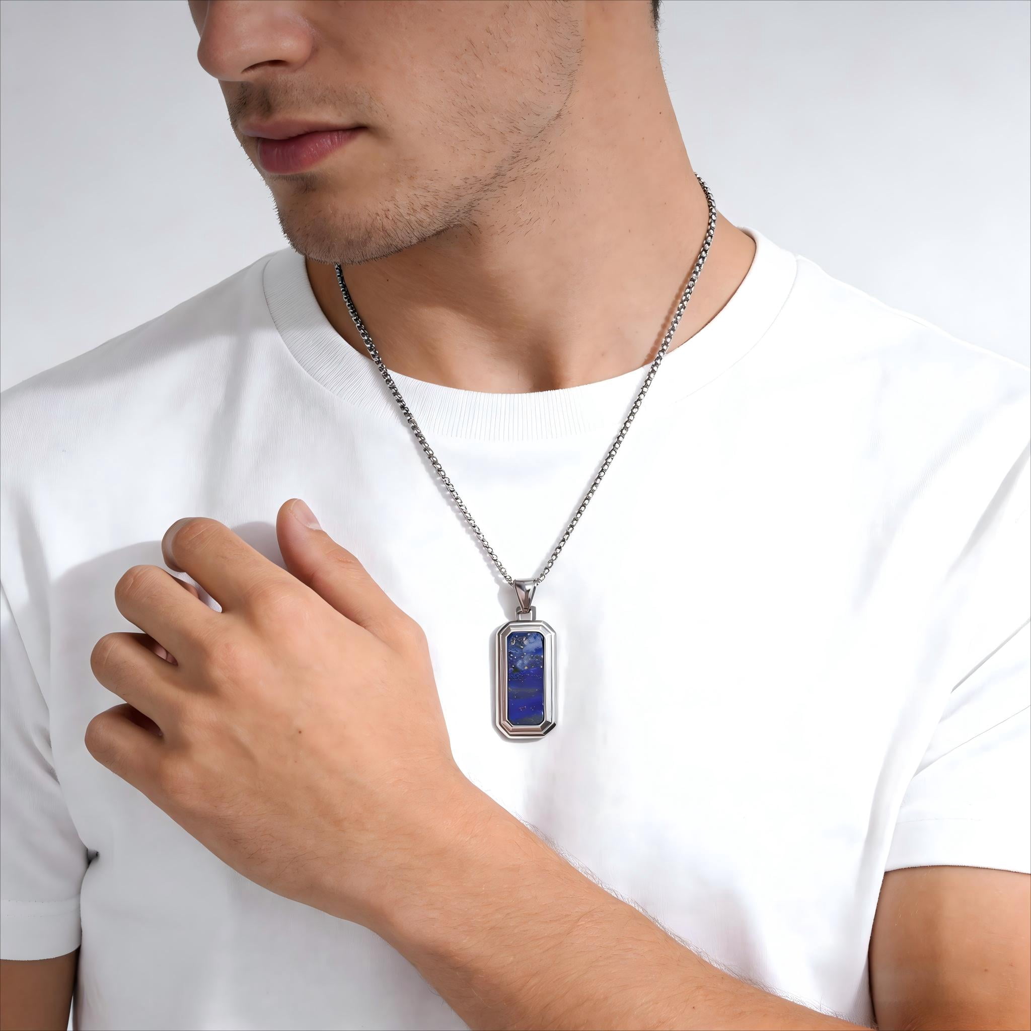 Iron Saints Men Lapis Lazuli Blue Bead Pendant Necklace, Stainless Steel, Natural Gems