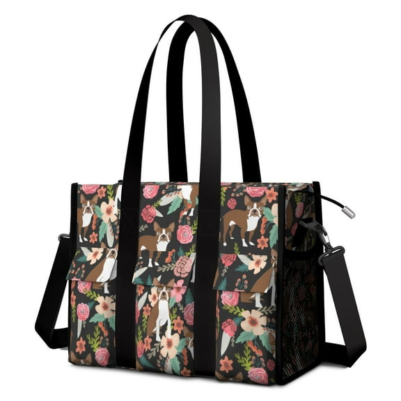 Teacher Tote Bag,Boston Terrier Dog with Pioneer Flower Teacher Utility Tote Bag,Large Work Tote Bags for Women with Multiple Pockets,Top Zipper Closure,13.8x10.6x6.7 Inch