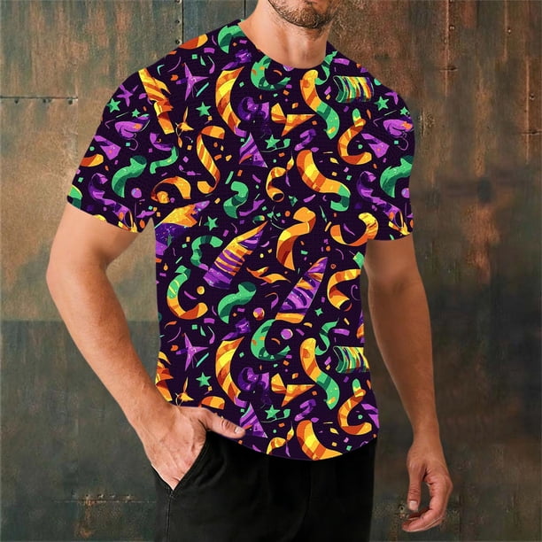 Ceisia Men's Loose Fit Mardi Gras Stripe T-shirt Short Sleeve Round Neck Festival Casual Daily Summer Tee Tops Purple XL Gifts