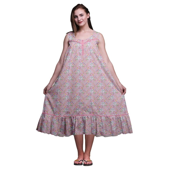Bimba Light Pink5 Floral Anemone & Periwinkle Mid Calf Nightwear Ladies Cotton Printed Sleeveless Night Gown Maxi Dress Medium