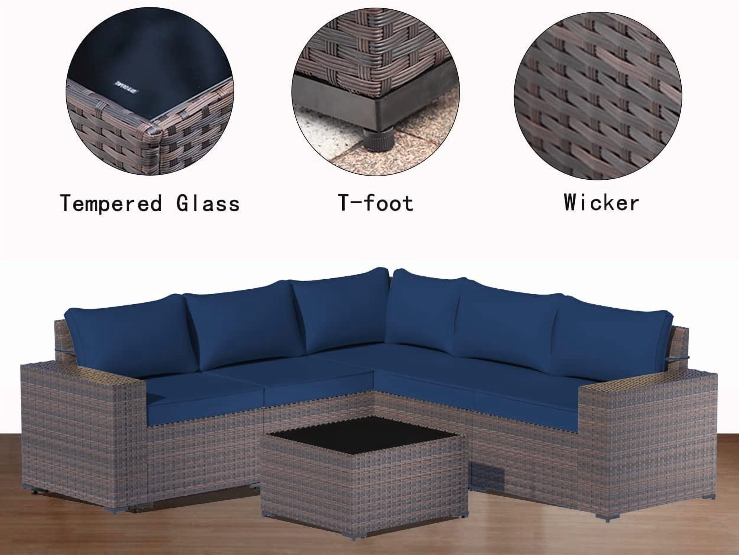 Kullavik 6 Pieces Patio Furniture Sets All Weather Outdoor Sectional Sofa Manual Weaving Wicker Rattan Patio Conversation Set with Cushion and Glass Table (Navy Blue)