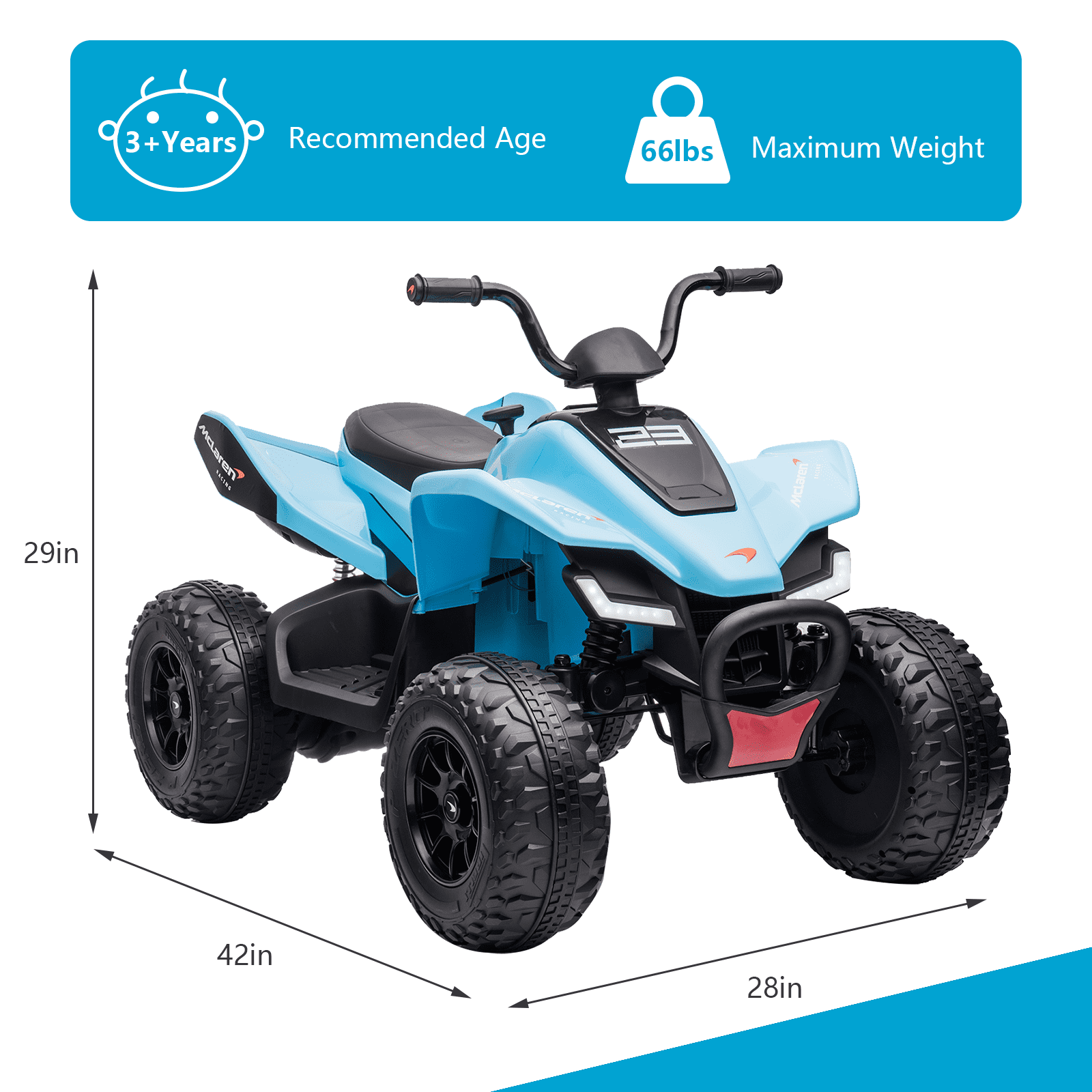 24V Battery Powered, 4-Wheeler Quad Car Toy ATV for 3-8yrs, Electric Off-Road Car with 2 Speeds, LED Lights, Bluetooth, MP3