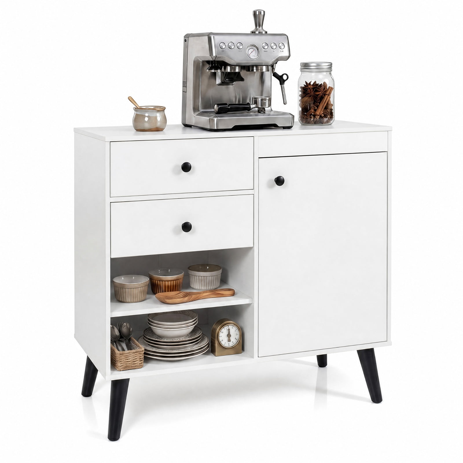 Furnibear 31" Sideboard Cabinet with 2 Open Compartments and 2 Drawers for Kitchen Dining Living Room Buffet Storage Server, White