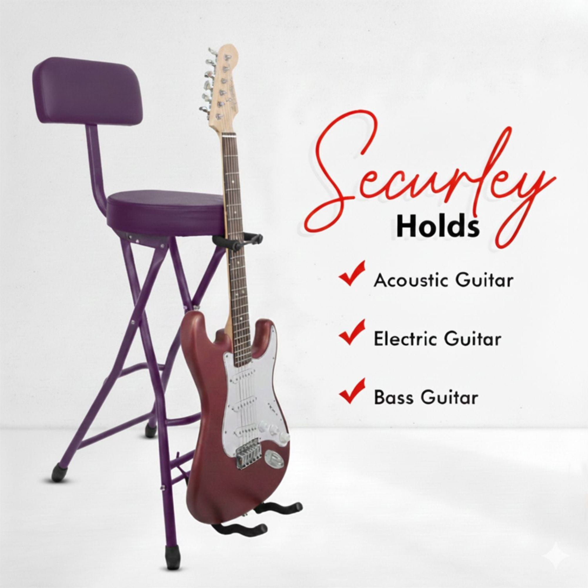 Padded Guitar Stool with Backrest, Built-in Stand & Footrest - Purple