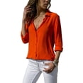 thumbnail image 2 of Women Lapel Button Down Chiffon Shirts Solid Color Office Blouse Casual Long Sleeve Tops Red S, 2 of 8