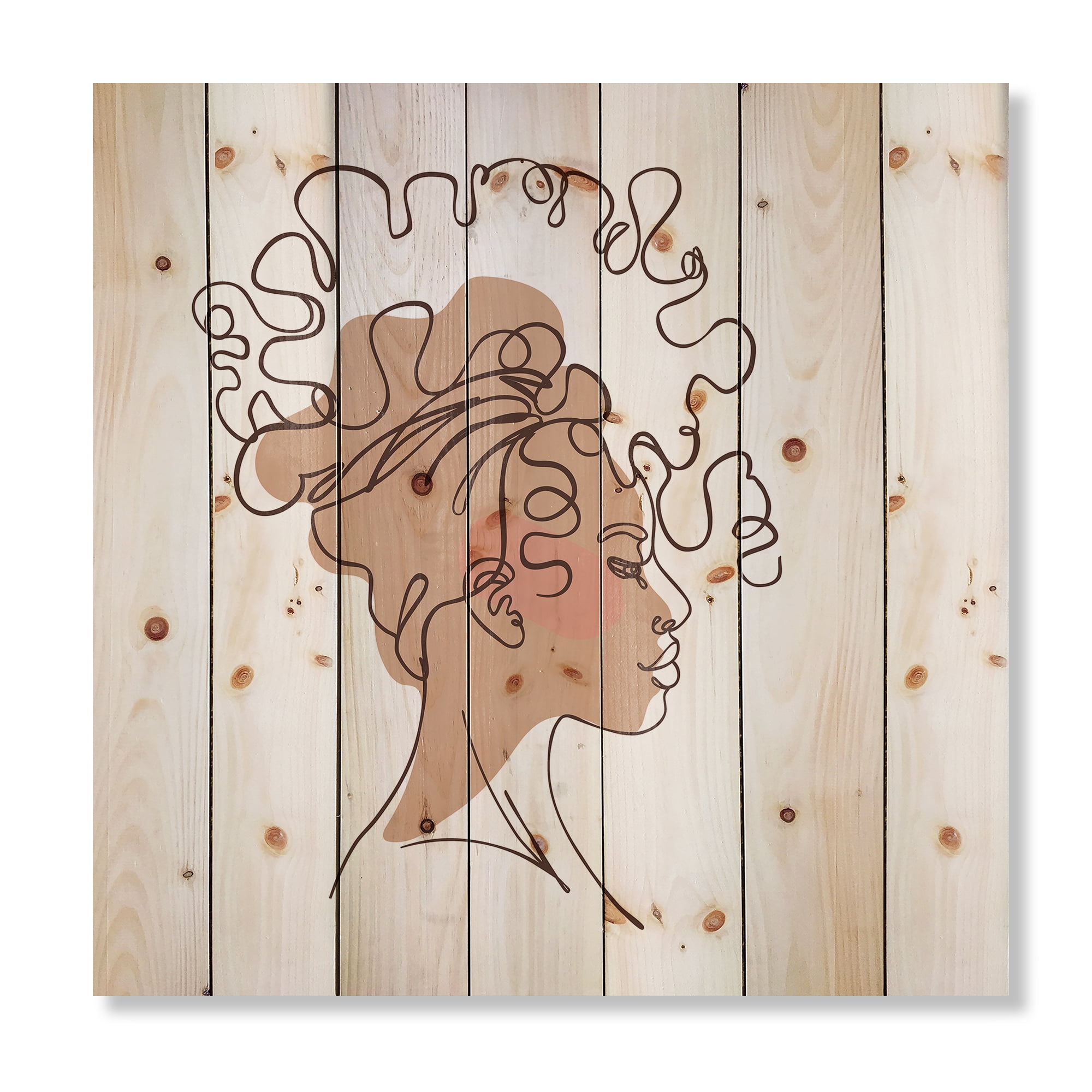 Designart 'One Line Portrait of Afro American Woman I' Modern Print on Natural Pine Wood