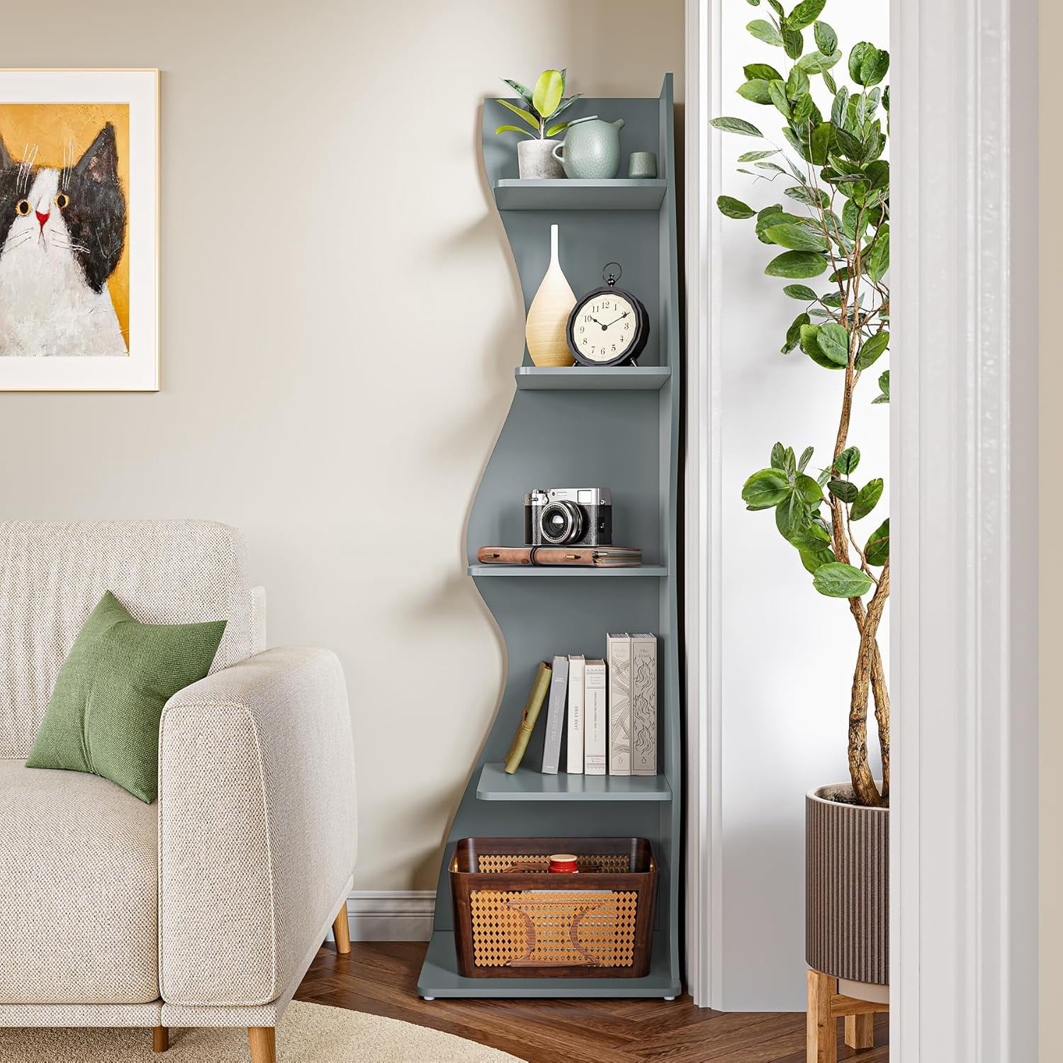Tribesigns Small Corner Shelf, 5-Tier Modern Corner Bookcase for Small Space, Living Room (Blue)