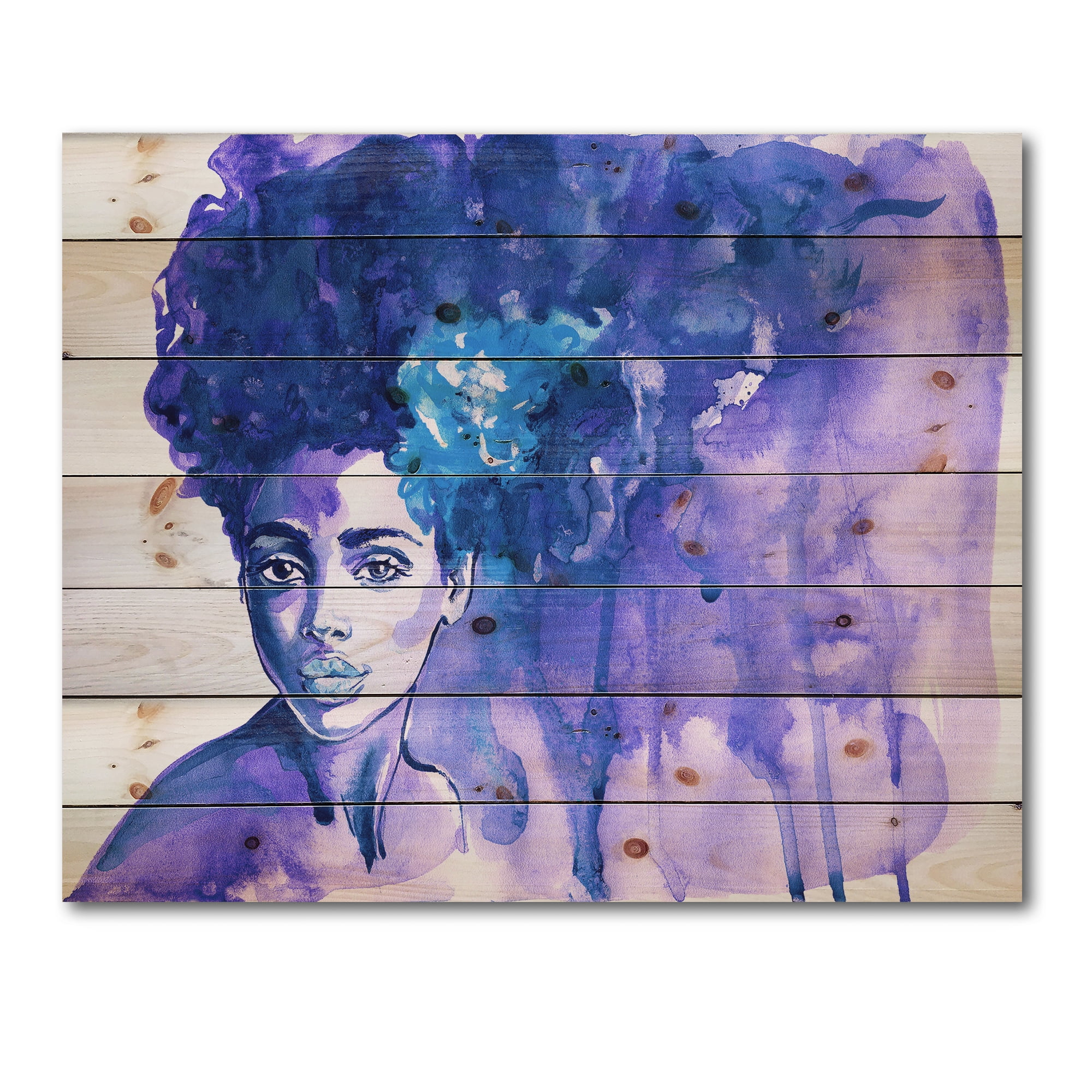 Designart 'Glorious Blue Portrait of Afro American Woman' Modern Print on Natural Pine Wood