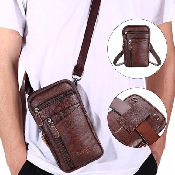 Men's Leather Mobile Phone Waist Pouch, Coffee Multifunctional Belt/Crossbody Bag
