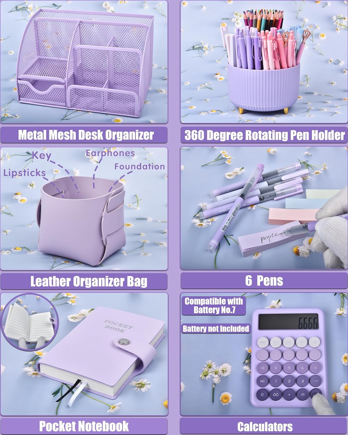 21Pcs Purple Desk Organizers and Accessories With Mesh Desk Organizer and 360°Rotating Pen Holder and a Lot of Office Purple Office Supplies Beautifully Presented in a Gift Box