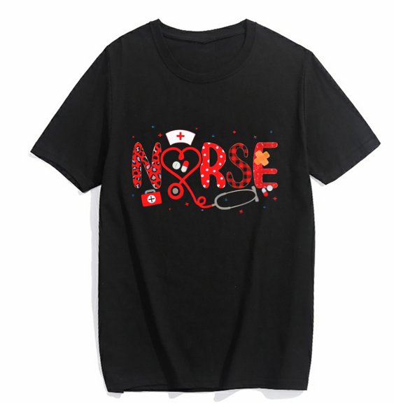 Women's T-shirt LOVE Stethoscope Nurse Life Valentine Day Leopard Plaid Casual Short-sleeved O-neck Top Black Large