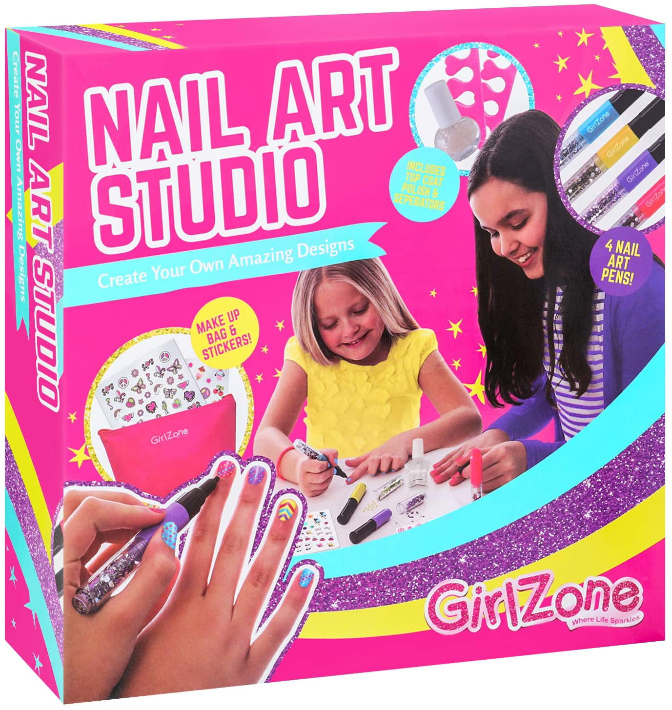 GirlZone Nail Art Studio Set, Nail Art Stickers, 3 Nail Salon Pens and  Makeup Bag, Great Birthday Gift for Girls 