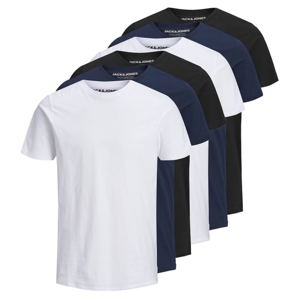 Jack & Jones Camiseta de Hombre, paquete de 6 - JJEORGANIC BASIC TEE O-NECK, manga corta, algodón orgánico Blanco/Azul marino/Negro XL (X-Large)