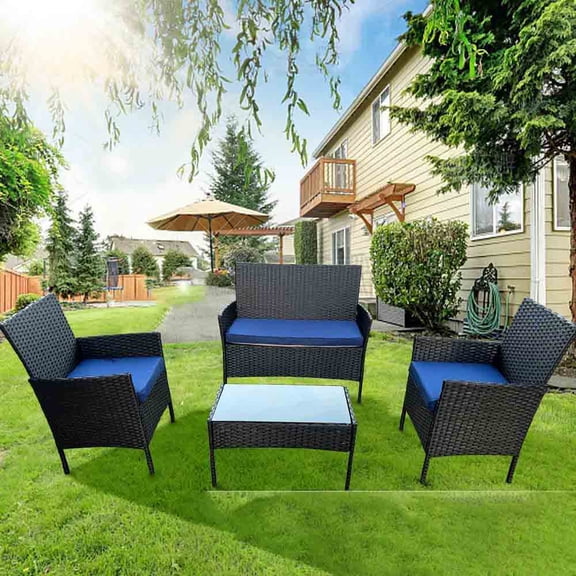 Outdoor Patio Furniture Replacement Cushions Set–High-Elastic Sponge Cushions Fit Wicker Rattan Sofa, Loveseat & Chairs, Waterproof, Fade-Resistant (Navy blue)