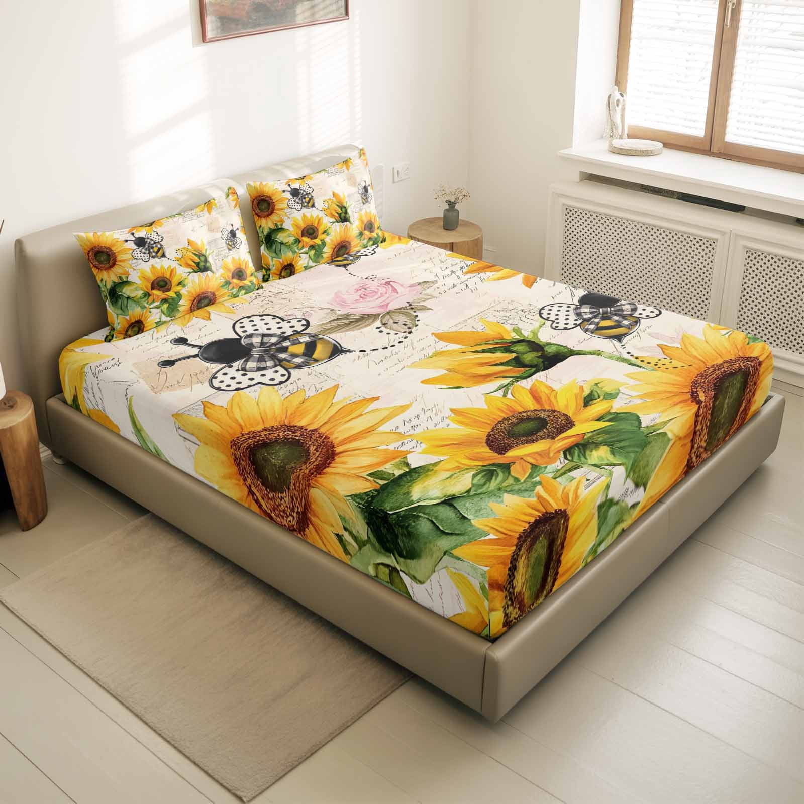 Twin Sze Fitted Sheet Set - Sunflower Farmhouse 2 Piece Bedding Sets 16" Deep Pocket Fitted Sheet with 1 Pillowcase, Spring Summer Vintage Floral Bee Brushed Microfiber Hotel Luxury Bed Sheets