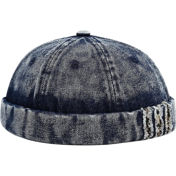 Hsqqdc Vintage Washed Denim Brimless Hat, Distressed Docker Cap Adjustable Sailor Cap