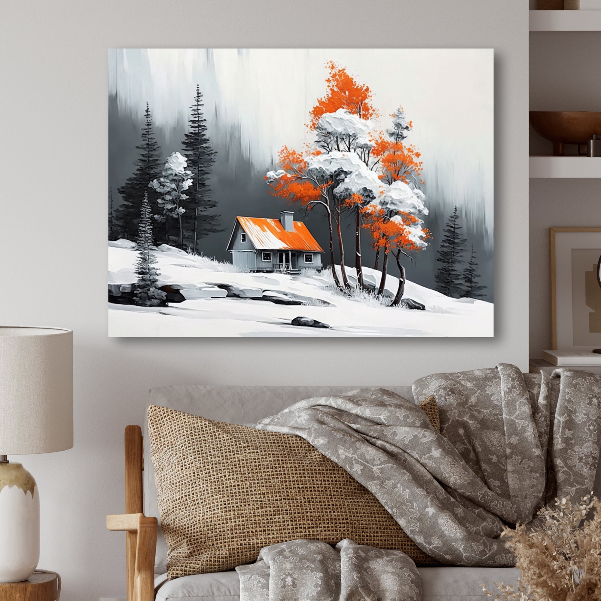 Designart Monochrome Orange Cottage In Winter XIV Canvas Wall Art