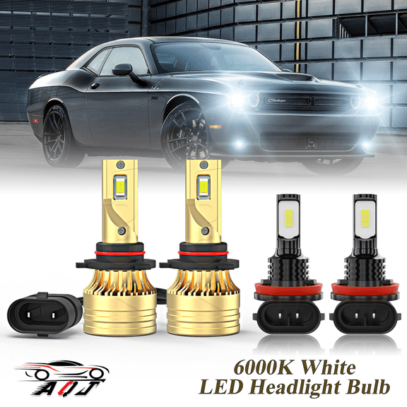 LED Headlight Bulb for Dodge Challenger 2015-2023 - 100,000LM Super-Bright 6000K White, High/Low Beam  Foglight Bulbs Combo，Plug & Play, Pack of 4