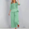 thumbnail image 2 of CIENVNSTG Linen Sets For Women 2 Piece Casual Vneck Embroidered 3/4 Sleeve Tops Wide Leg Linen Pants Set Mature Women Clothing Light Green M, 2 of 7