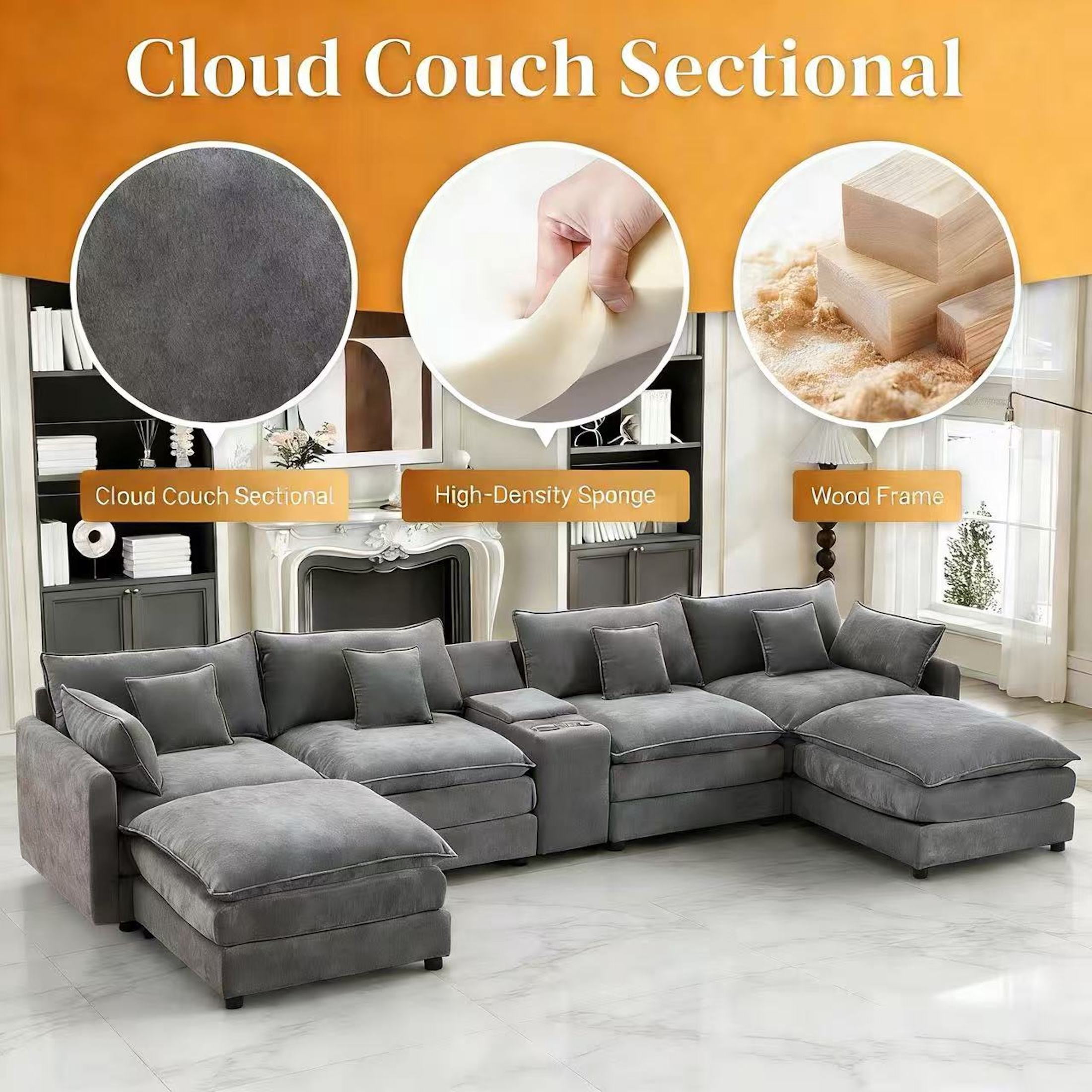 Aisword 145" U Shaped Cloud Couch Sectional with USB Charging, Hidden Storage, Cup Holders & Double Chaise, Grey