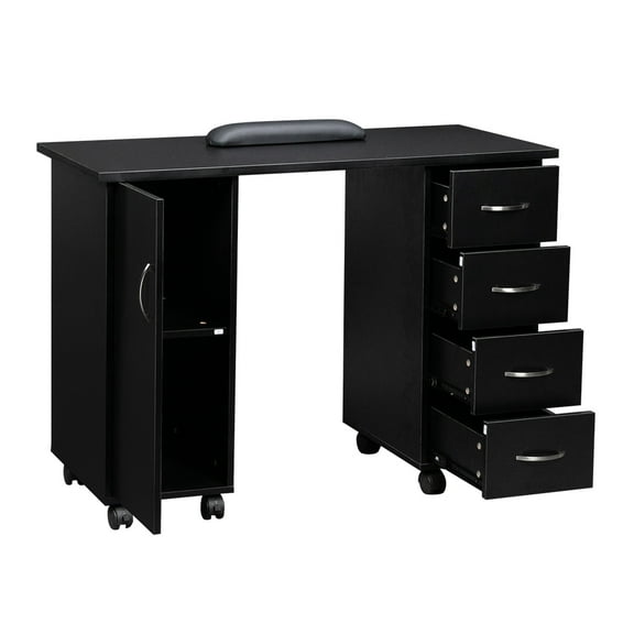 Nail Desk, Nail Table for Nail Tech with Wrist Pad, Manicure Table Computer Desk with Lockable Wheels, Black