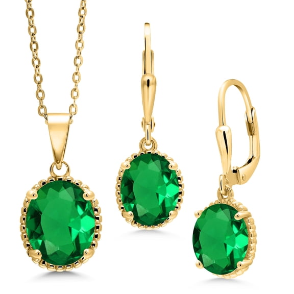 Gem Stone King 18K Yellow Gold Plated Silver Pendant and Earrings Jewelry Set Green Simulated Emerald | 6.63 Cttw | Oval 11X9MM and 9X7MM | With 18 inch Chain