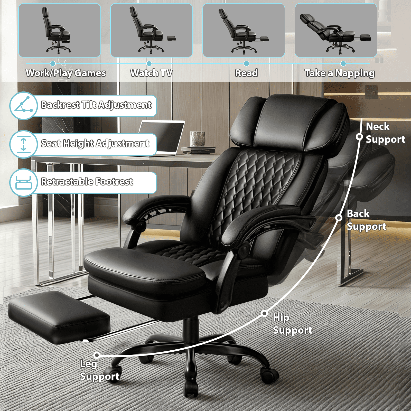 Waleaf Office Chair with Footrest, Ergonomic High Back Computer Desk Chair with Adjustable Headrest and Lumbar Support for Home Office