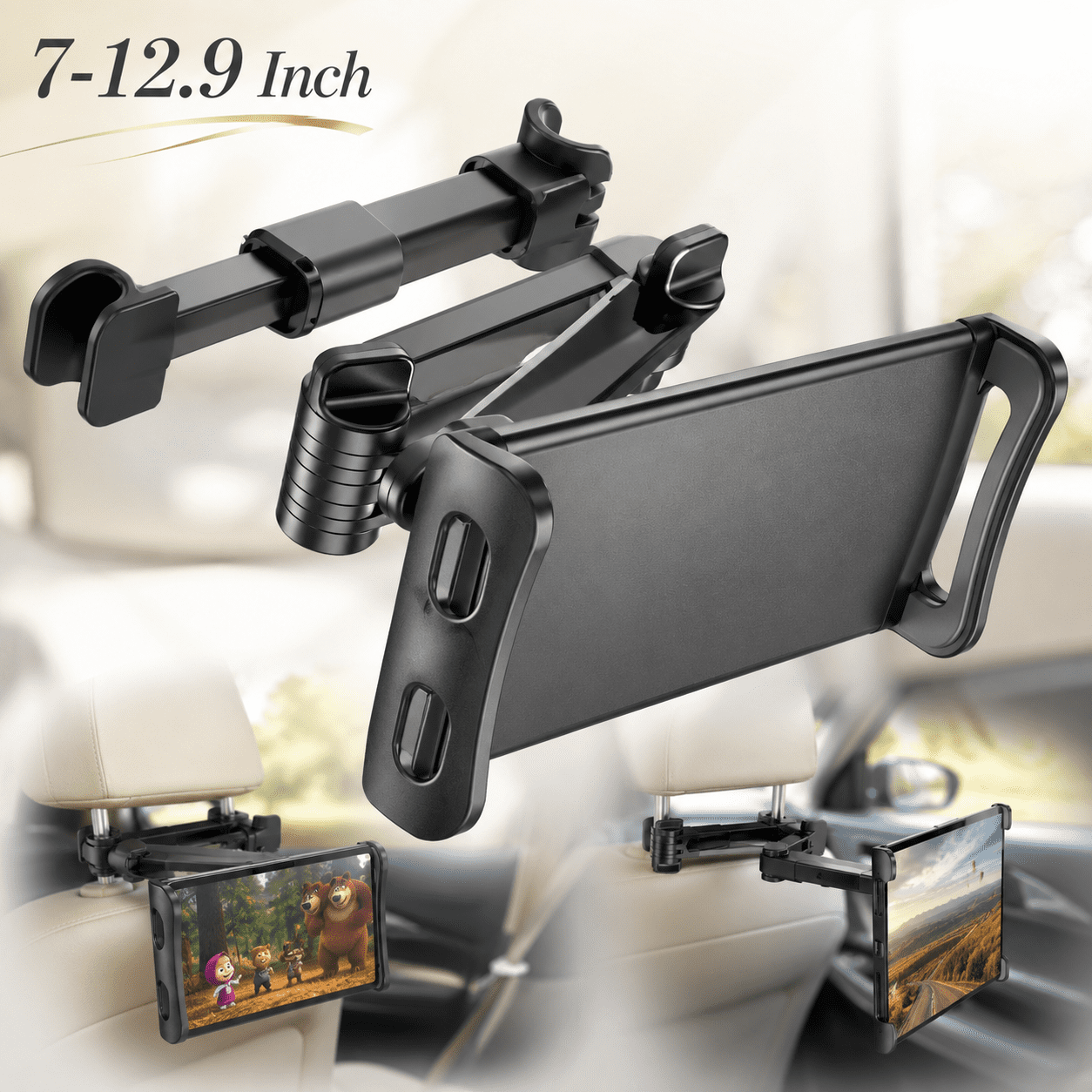 USTOP Car Headrest Mount, Universal Back Seat Tablet Holder for 7-12.9 Inch Devices, Adjustable Anti-Slip Silicone Straps, Hands-Free Viewing for Passengers on Road Trips