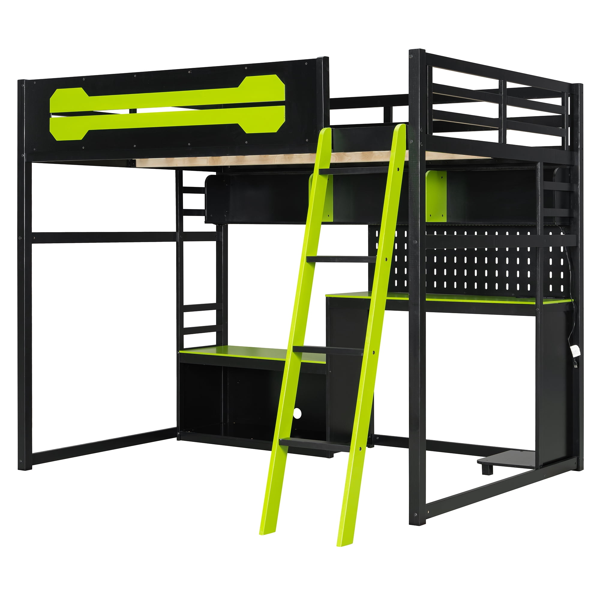 Mintazer Full Size Gaming Loft Bed with LED Lights, Charging Station, Desk, Pegboard and Storage Shelves for Boys Girls, Black & Green