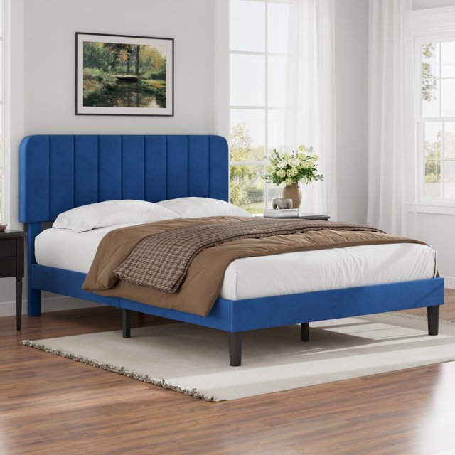 VECELO Full Size Upholstered Beds, Modern Platform Bed Frame with Adjustable Headboard, Wooden Slats Support/No Box Spring Needed, Dark Blue