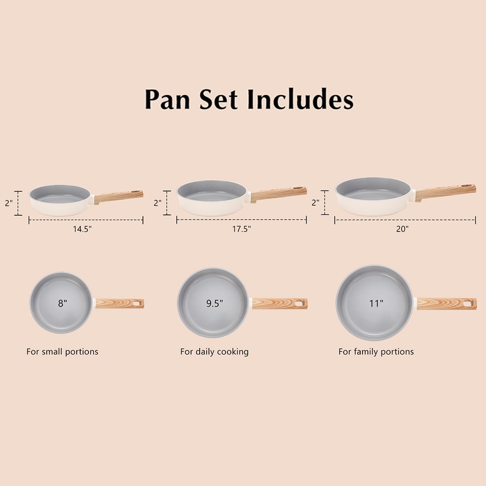 Koch Systeme CS 3 Piece Nonstick Frying Pan Set, 8, 9.5 & 11 inch‌ Cookware Set, Induction Compatible Skillet, Dishwasher Safe, Cream White