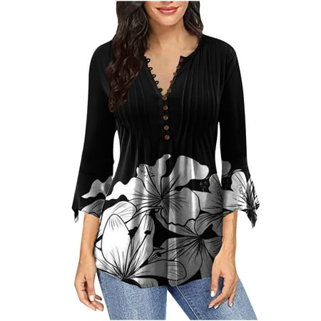 

BELLZELY Long Sleeve Tops for Women Clearance Women s Casual Trumpet 3/4 Sleeve Printing Butt1d Basic Ruched Corset Tunic Tops Pleated T-shirts Blouses