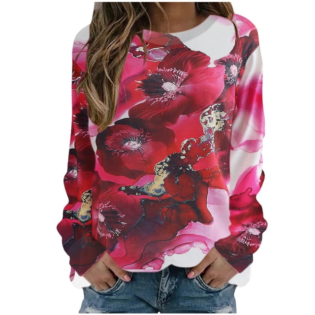 Camiseta suelta estampada a la moda para mujer, blusa de manga larga, cuello redondo, camisetas informales Pompotops FGAJ7764