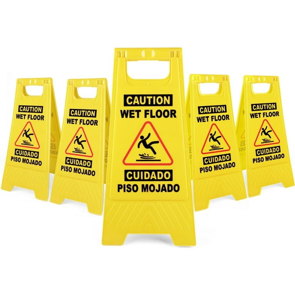 DIYMAG 5 Pack Caution Wet Floor Sign, Foldable Sturdy Bilingual Double-Sided Safety Warning Signs for Commercial Use, Pool, 24 Inches, Yellow