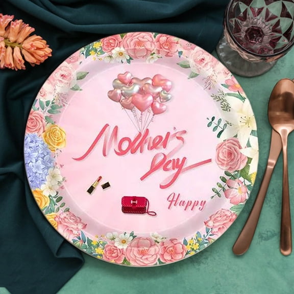 LHNFT 16 Pcs Happy Mother’s Day Oval Paper Plates Large 9" Disposable Happy Mother's Day Party Decorations Mother's Day Supplies Favor for Pink Flower Party Tableware Set