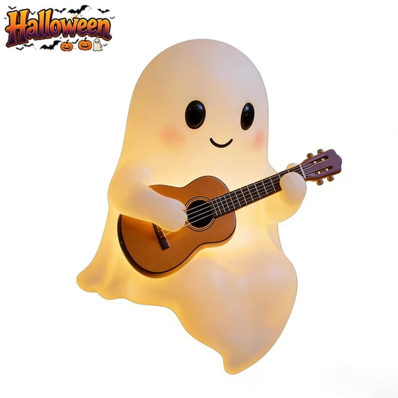 Halloween Ghost LED Night Light Resin Figurine Statue, Cute Funny Glowing Guitar-Holding Ghost Tabletop Ornament, Indoor Outdoor Fall Harvest Decor for Bookshelf Desk Home Holiday Party Gift Prop