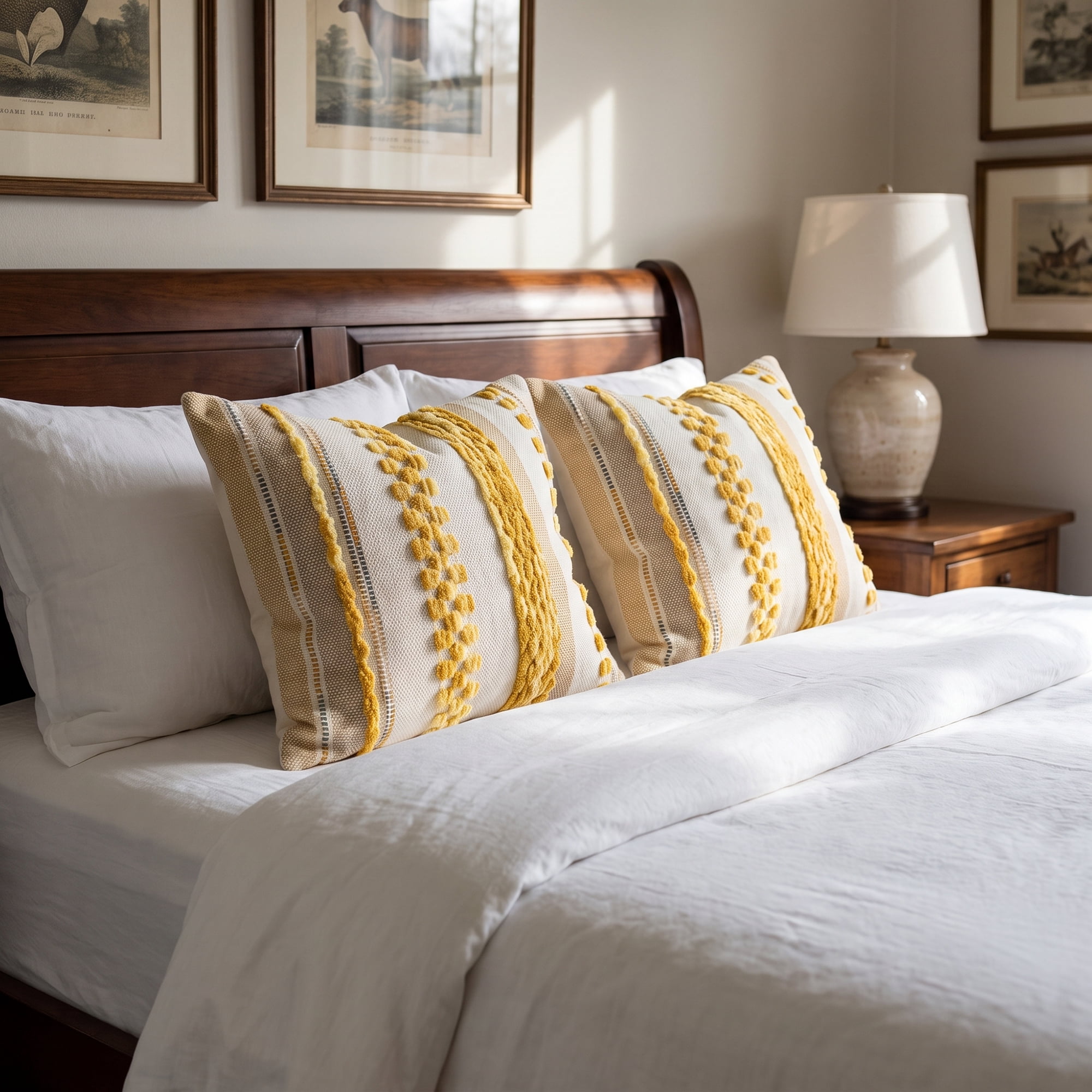 Unique Bargains 3D Chenille Tufted Pillow Cover Grid Stripe Cushion Case Yellow 18"x18"