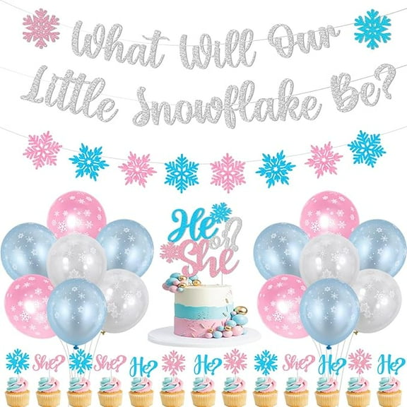 Winter Gender Reveal Decorations What Will Our Little Snowflake Be Banner He Or She Snowflake Garland Pink Blue Balloon Winter Snowflake Theme Baby Shower Gender Reveal Decorations