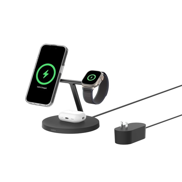 Belkin MagSafe-Compatible Charger, 3-in-1 Wireless Charging Station, Qi2-Certified 15W Wireless Charge for Apple iPhone 17 Series, Apple Watch, AirPo